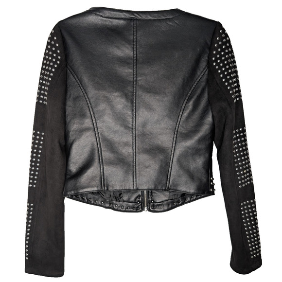 Azalea Wang Black Baddie Silver Studded Cropped Moto Boho Faux Leather Jacket M - Picture 6 of 9